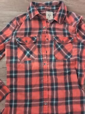 Billabong Coral Orange and Teal Plaid Button-Front Shirt